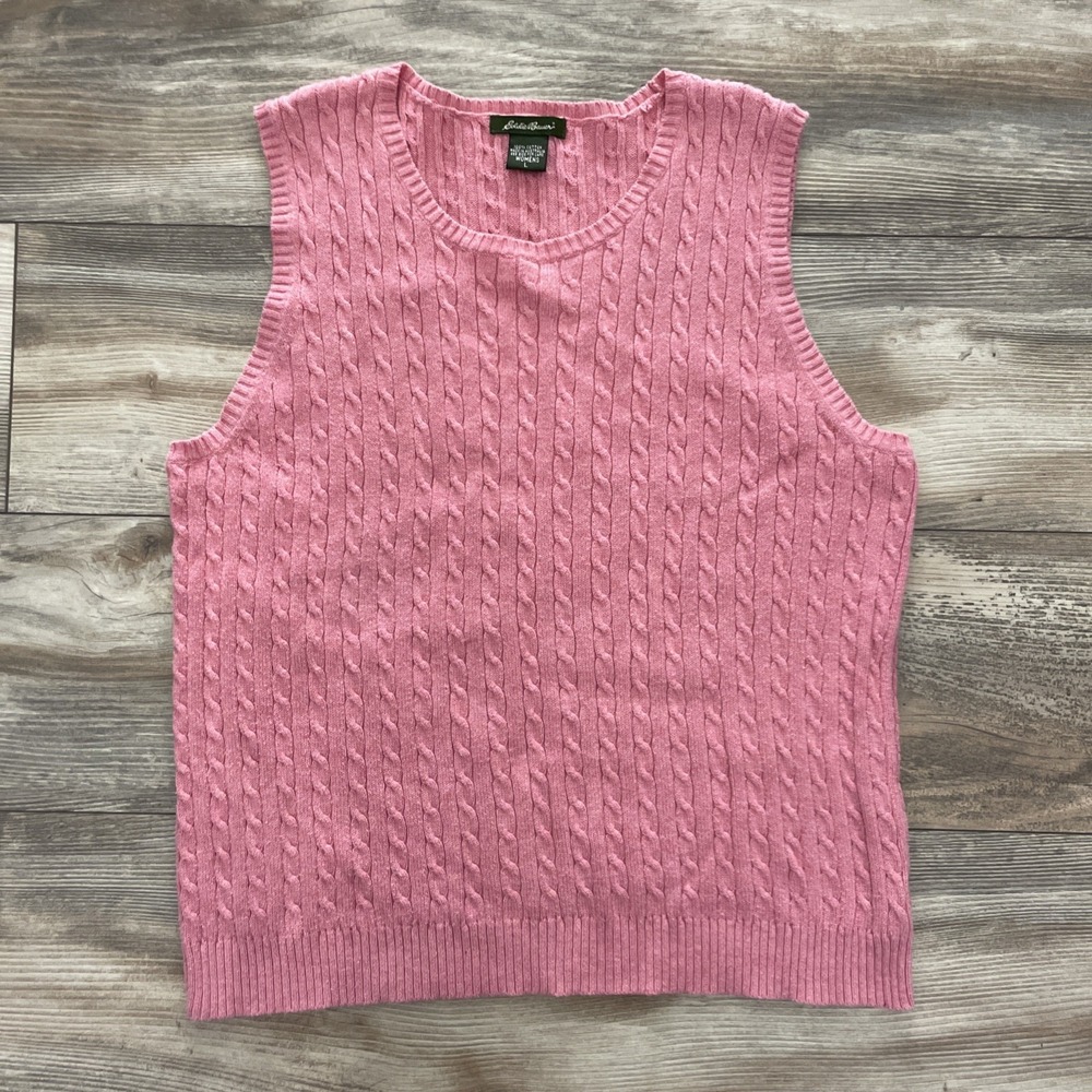 Eddie Bauer Womens Size L Cable Knit Sweater Vest Pink Crew Neck 100% Cotton